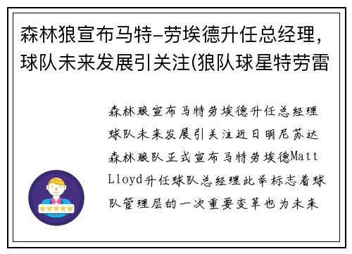 森林狼宣布马特-劳埃德升任总经理，球队未来发展引关注(狼队球星特劳雷)