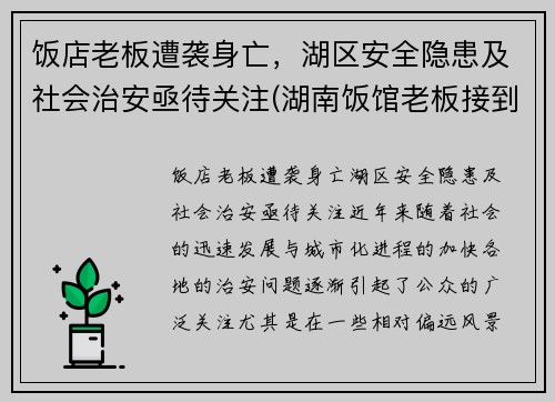 饭店老板遭袭身亡，湖区安全隐患及社会治安亟待关注(湖南饭馆老板接到)