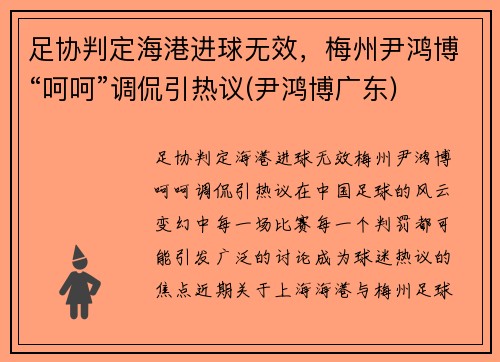 足协判定海港进球无效，梅州尹鸿博“呵呵”调侃引热议(尹鸿博广东)
